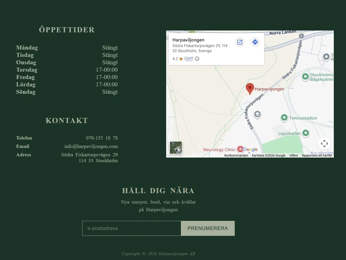 Harpaviljongen opening hours, contact details, a map and a newsletter sign-up