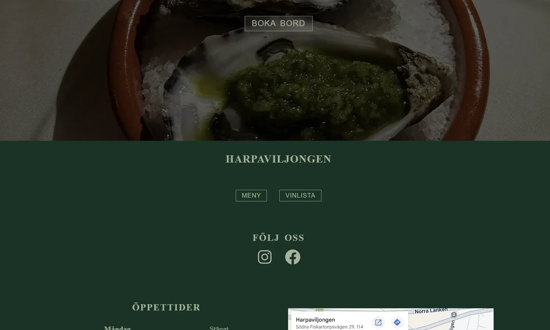 Harpaviljongen page with a photo of an oyster dish, Meny and Vinlista buttons, and links to Instagram and Facebook
